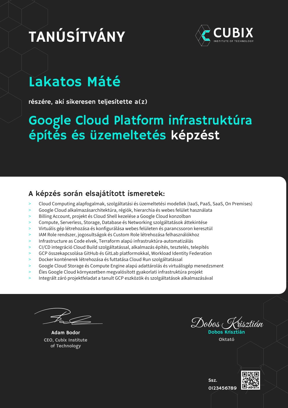 Tanúsítvány minta – Google Cloud Platform infrastruktúra építés és üzemeltetés