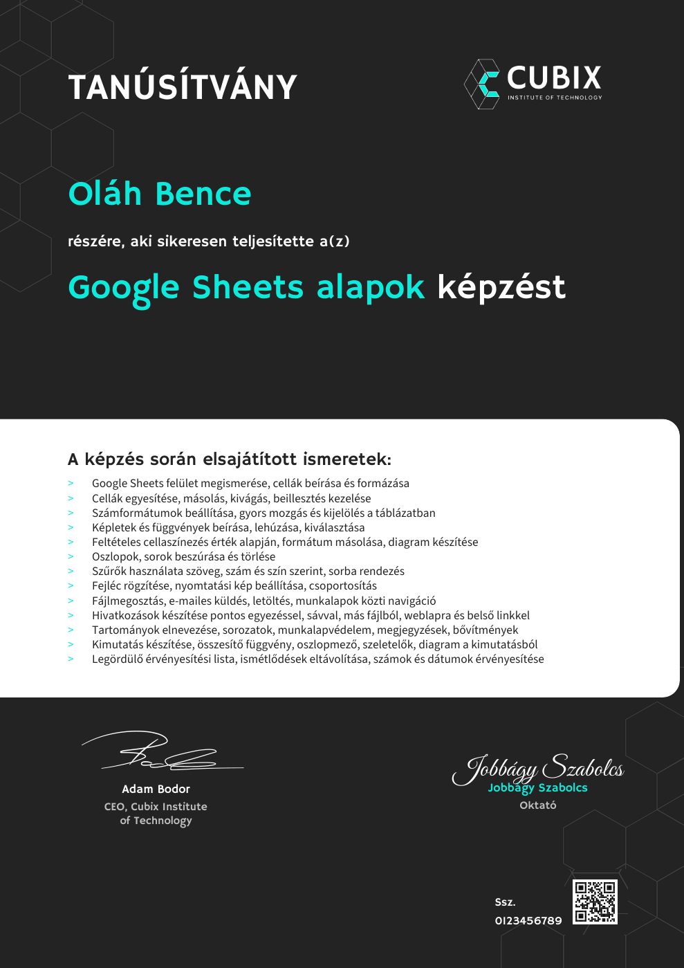 Tanúsítvány minta – Google Sheets alapok