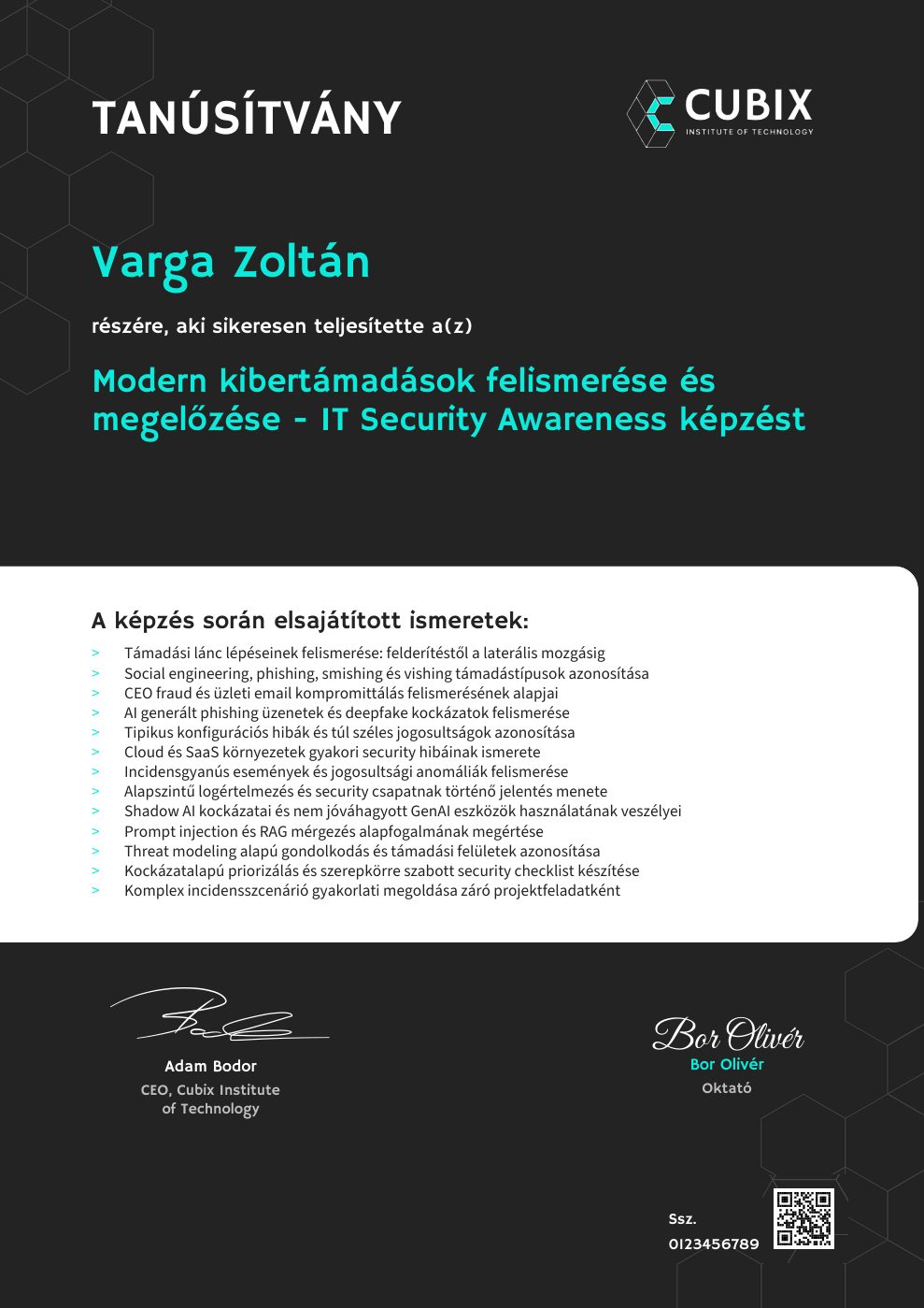 Tanúsítvány minta – Modern kibertámadások felismerése és megelőzése - IT Security Awareness képzés