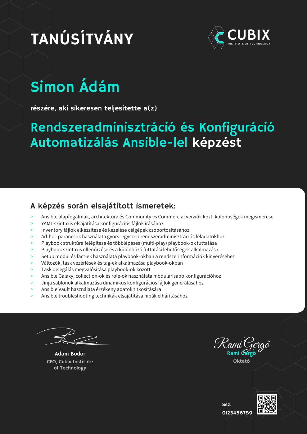Tanúsítvány minta – Rendszeradminisztráció és Konfiguráció Automatizálás Ansible-lel