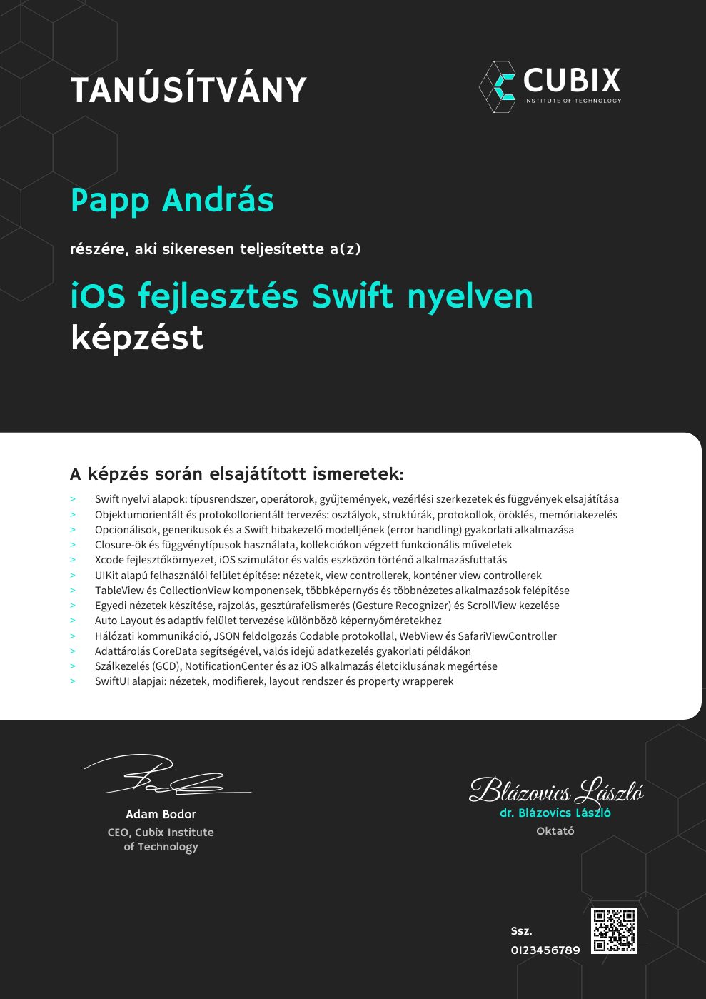 Tanúsítvány minta – iOS fejlesztés Swift nyelven