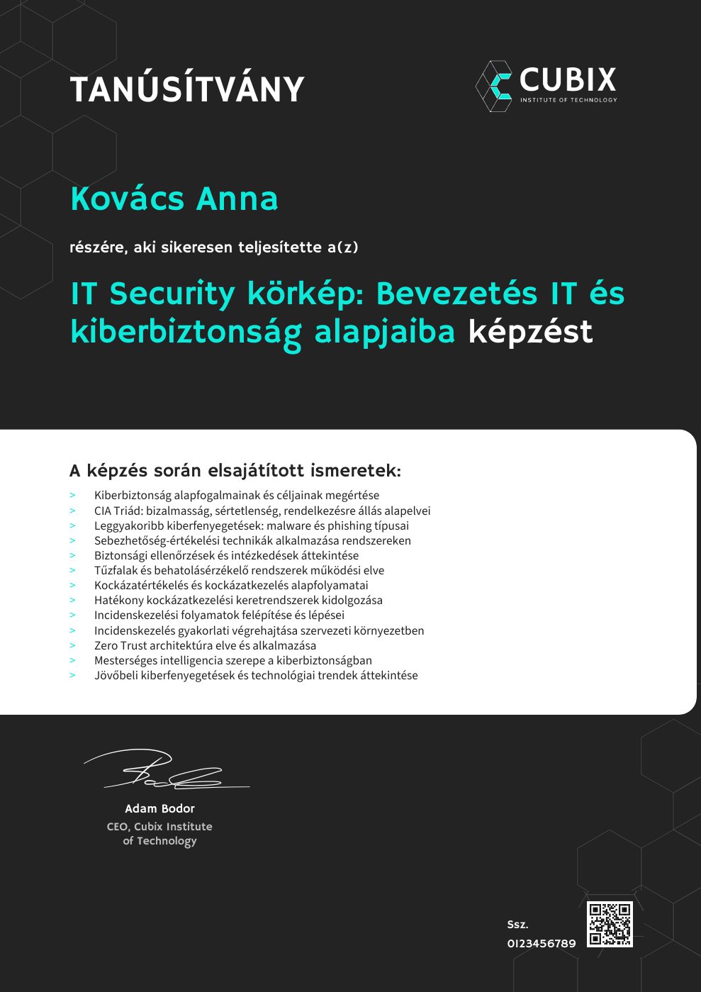 Tanúsítvány minta – IT Security körkép: Bevezetés IT és kiberbiztonság alapjaiba