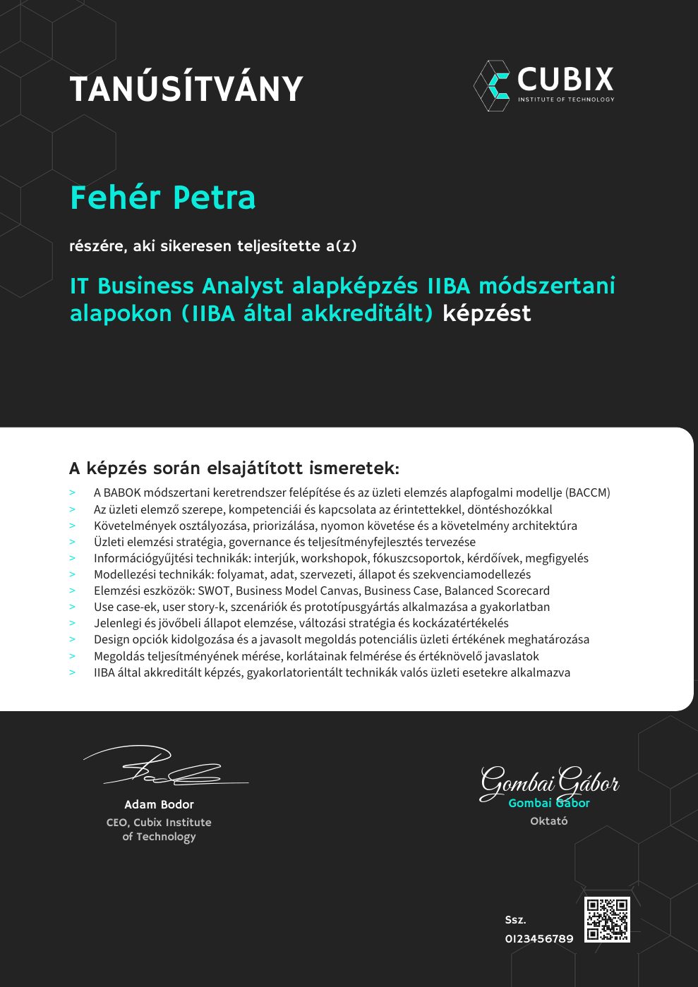 Tanúsítvány minta – IT Business Analyst alapképzés IIBA módszertani alapokon (IIBA által akkreditált)