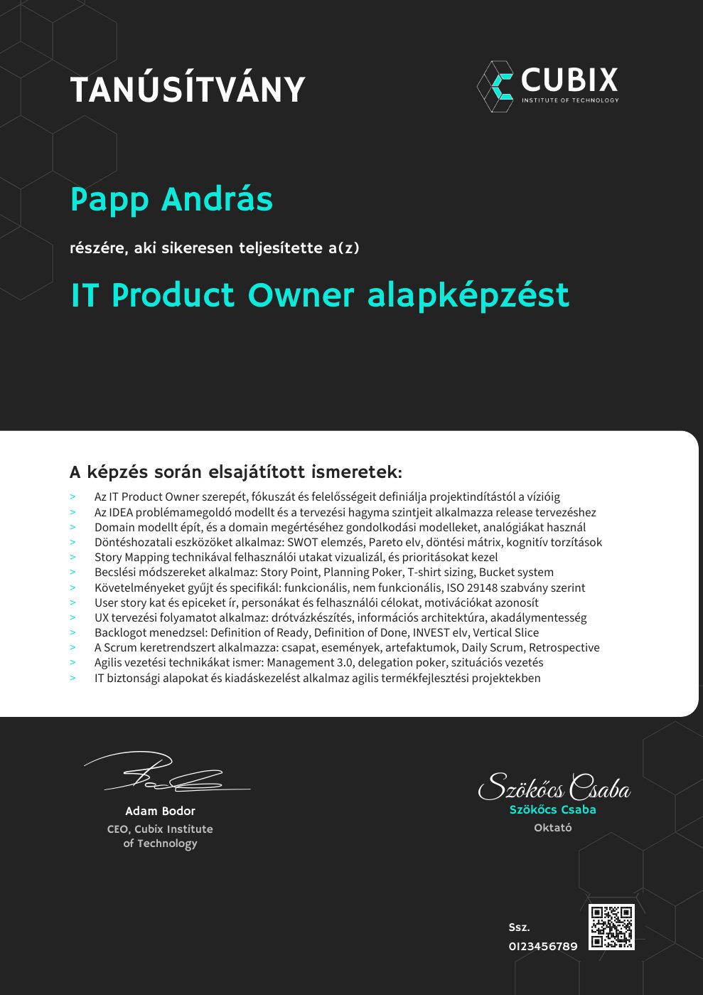 Tanúsítvány minta – IT Product Owner alapképzés