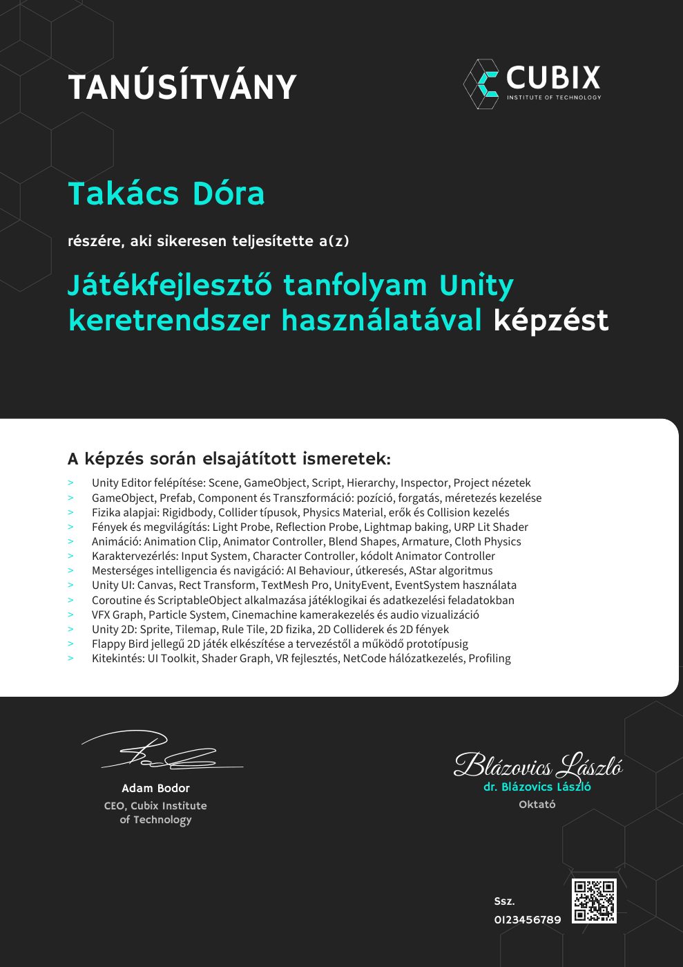 Tanúsítvány minta – Játékfejlesztő tanfolyam Unity keretrendszer használatával