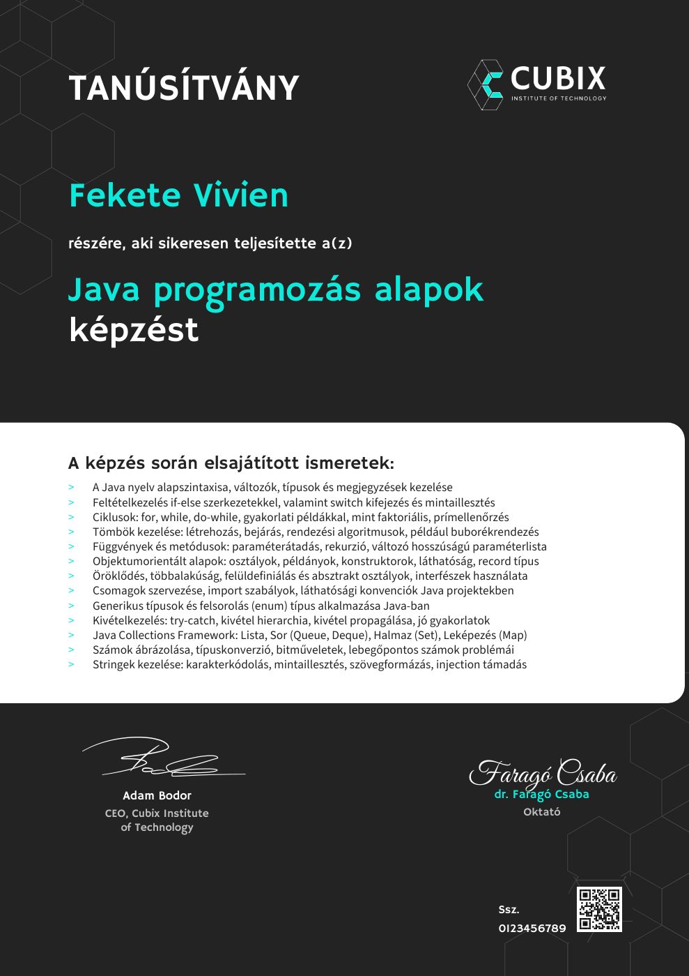 Tanúsítvány minta – Java programozás alapok