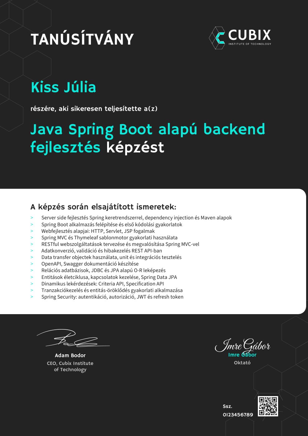 Tanúsítvány minta – Java Spring Boot alapú backend fejlesztés