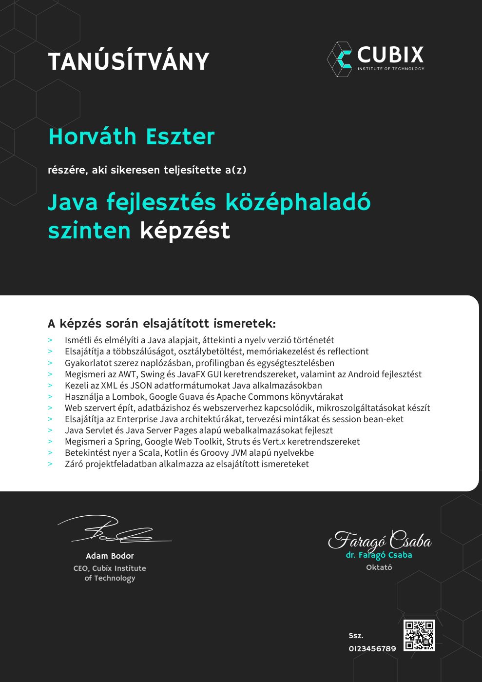 Tanúsítvány minta – Java fejlesztés középhaladó szinten