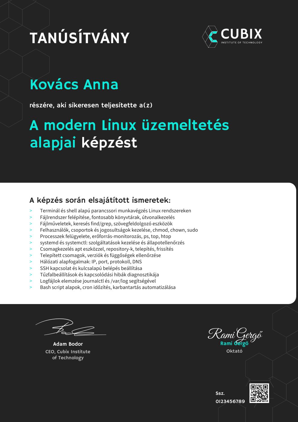 Tanúsítvány minta – A modern Linux üzemeltetés alapjai