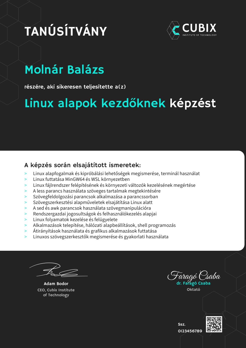 Tanúsítvány minta – Linux alapok kezdőknek