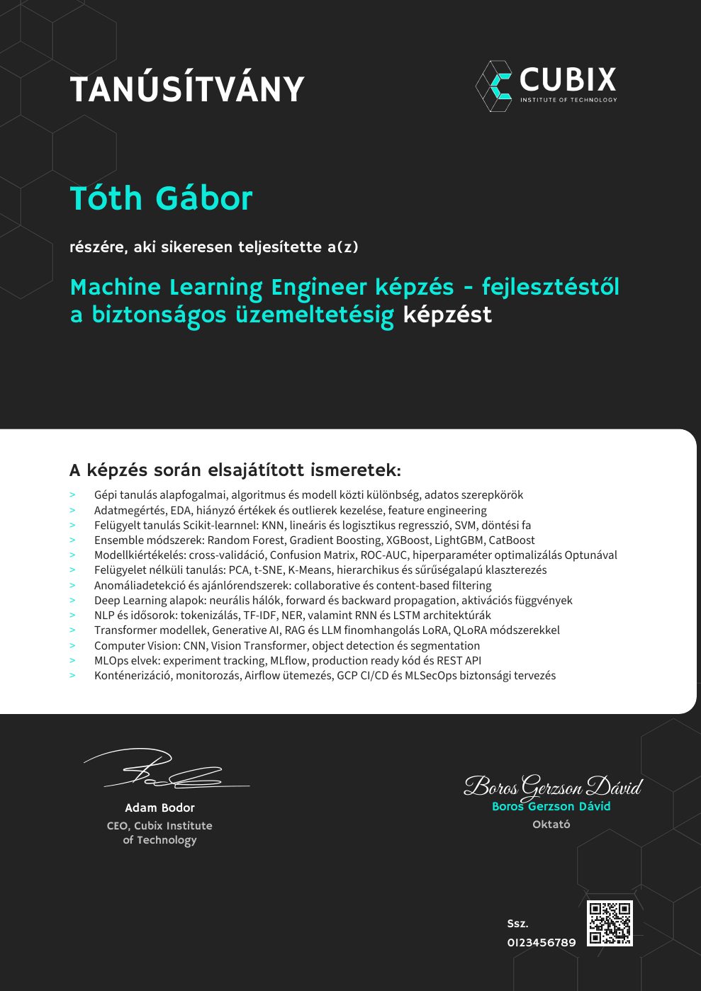 Tanúsítvány minta – Machine Learning Engineer képzés - fejlesztéstől a biztonságos üzemeltetésig