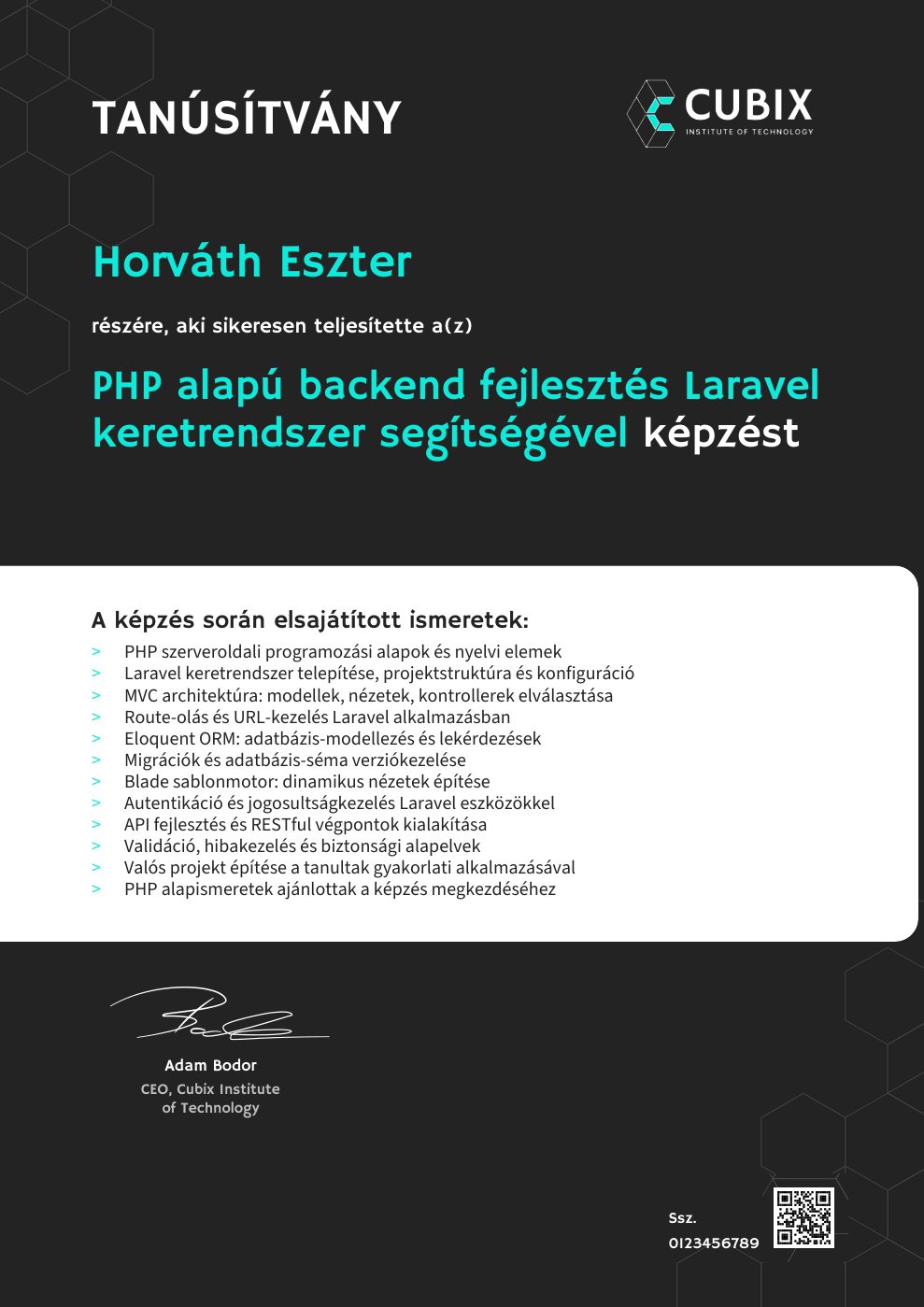 Tanúsítvány minta – PHP alapú backend fejlesztés Laravel keretrendszer segítségével
