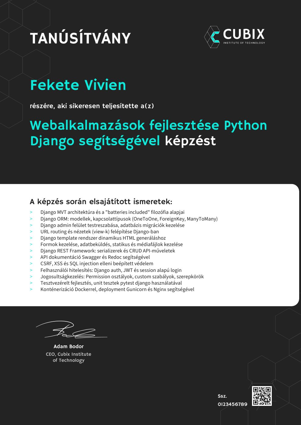 Tanúsítvány minta – Webalkalmazások fejlesztése Python Django segítségével