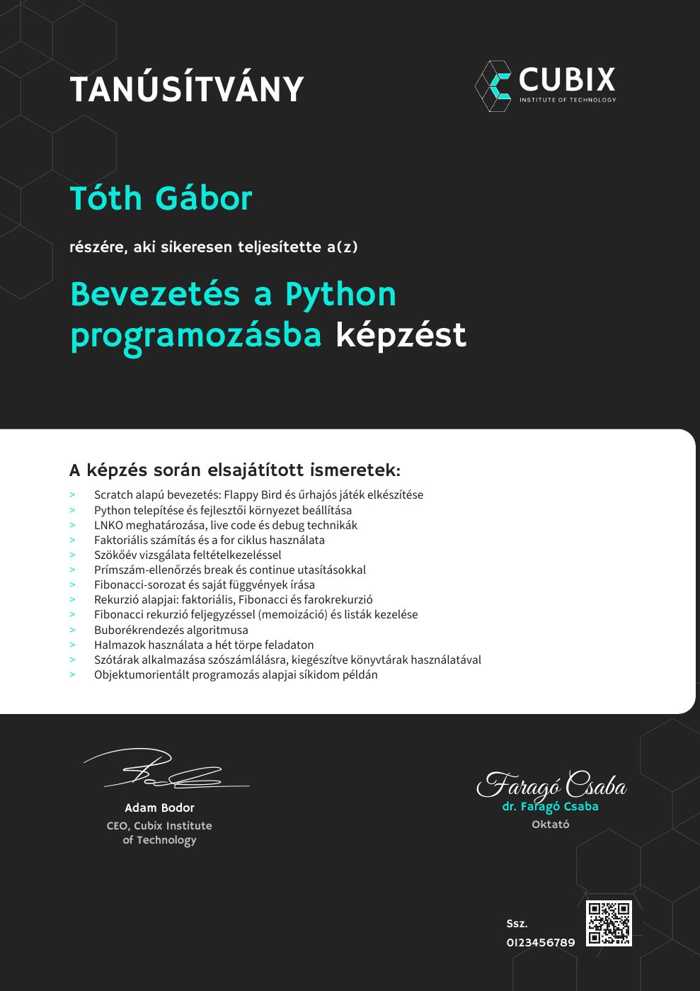 Tanúsítvány minta – Bevezetés a Python programozásba