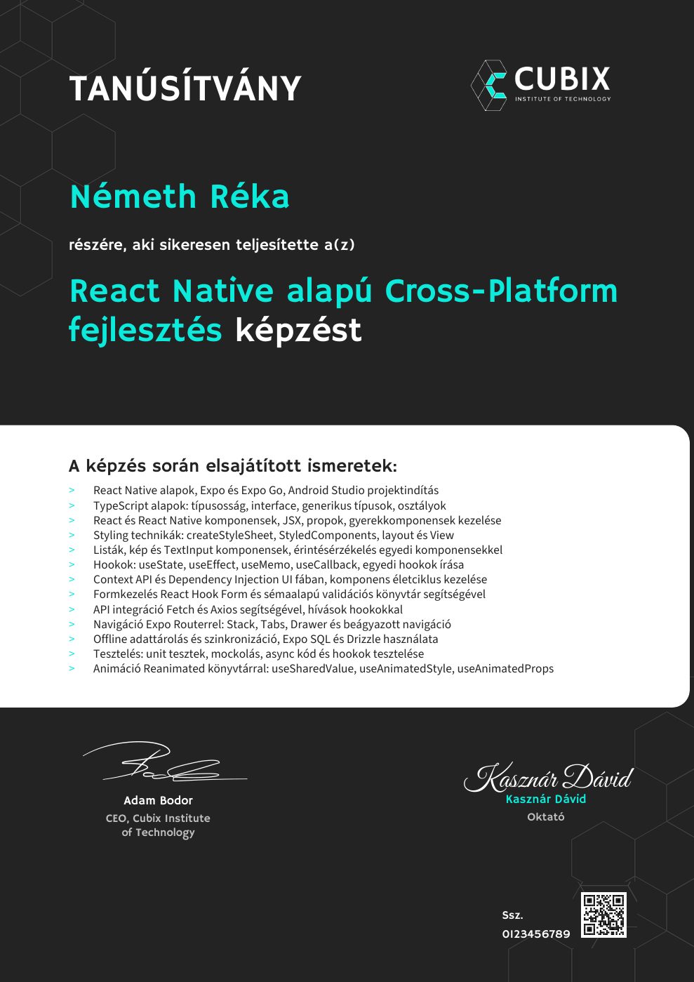 Tanúsítvány minta – React Native alapú Cross-Platform fejlesztés