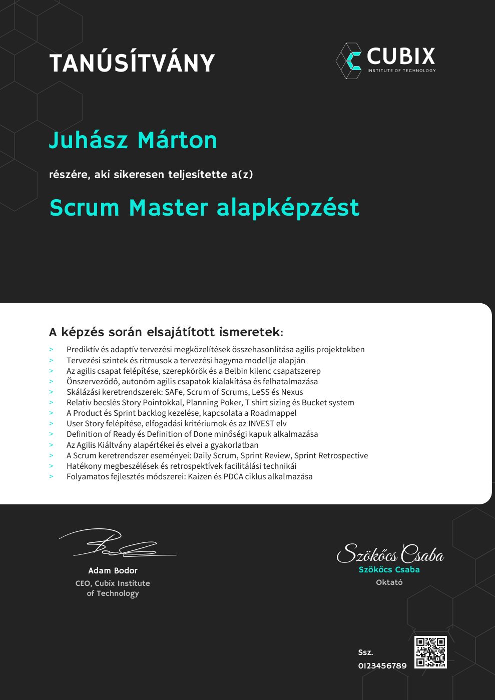 Tanúsítvány minta – Scrum Master alapképzés