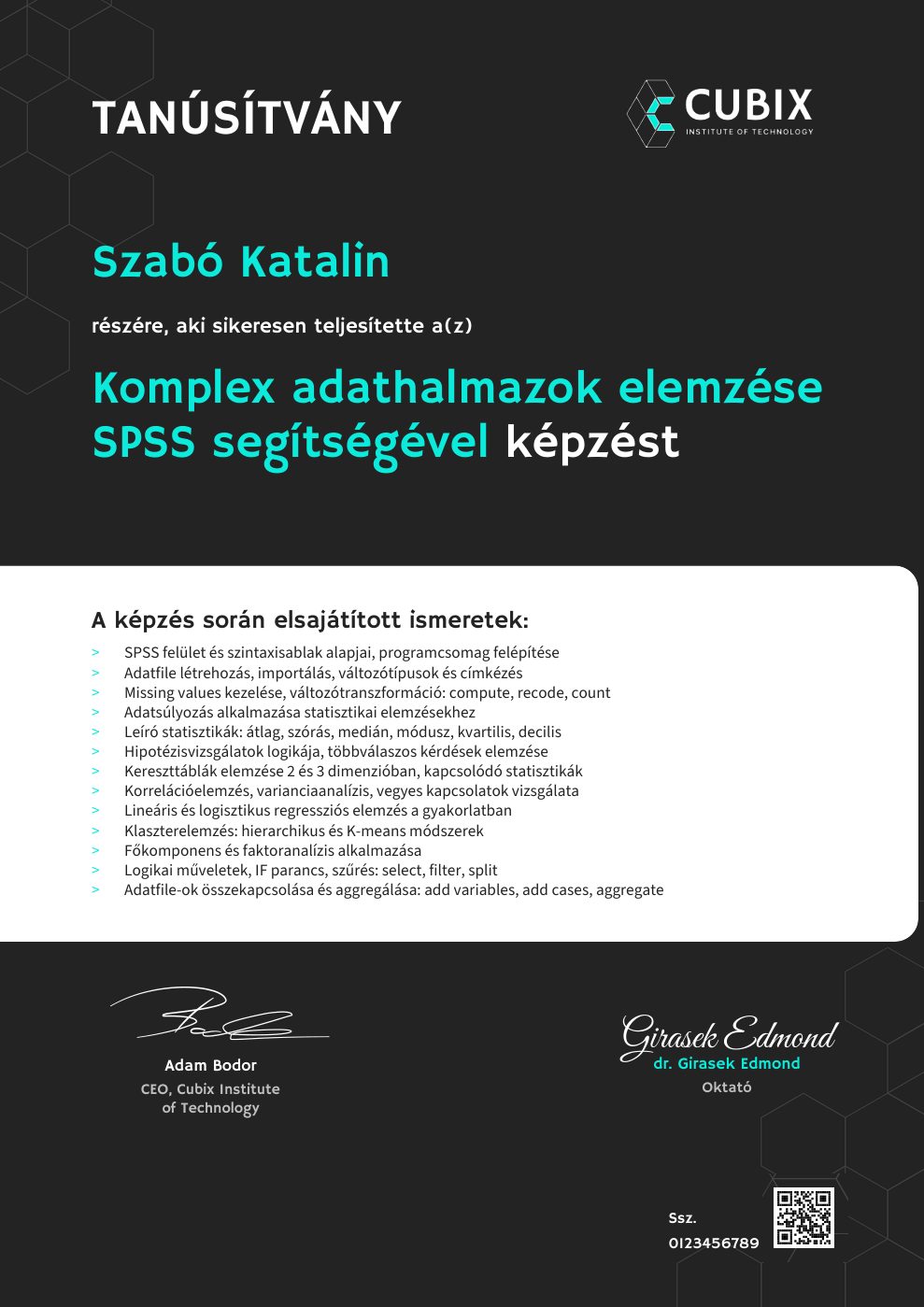 Tanúsítvány minta – Komplex adathalmazok elemzése SPSS segítségével