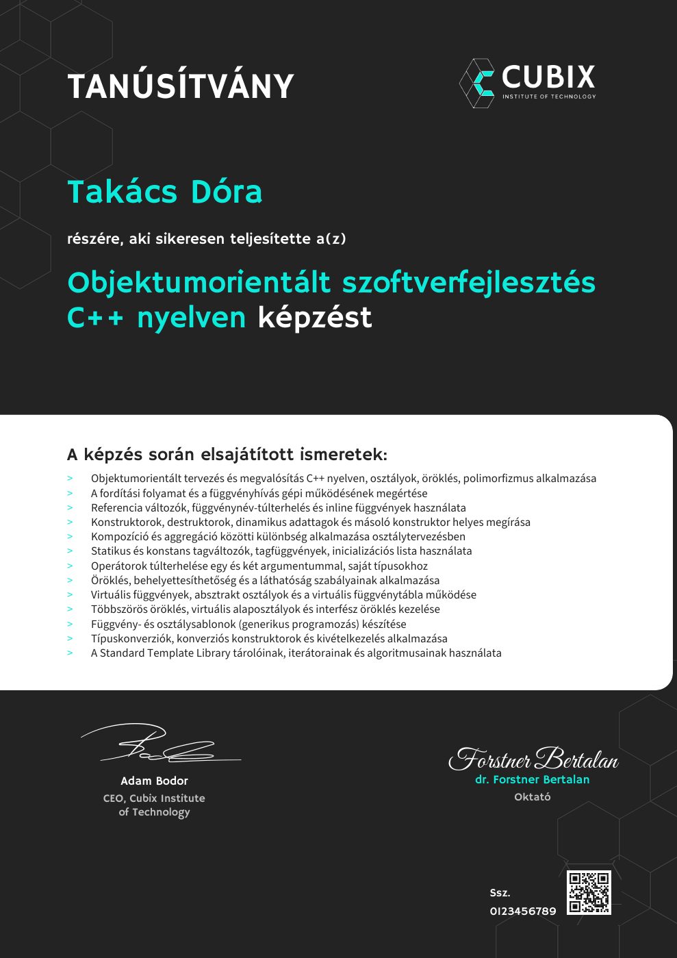 Tanúsítvány minta – Objektumorientált szoftverfejlesztés C++ nyelven