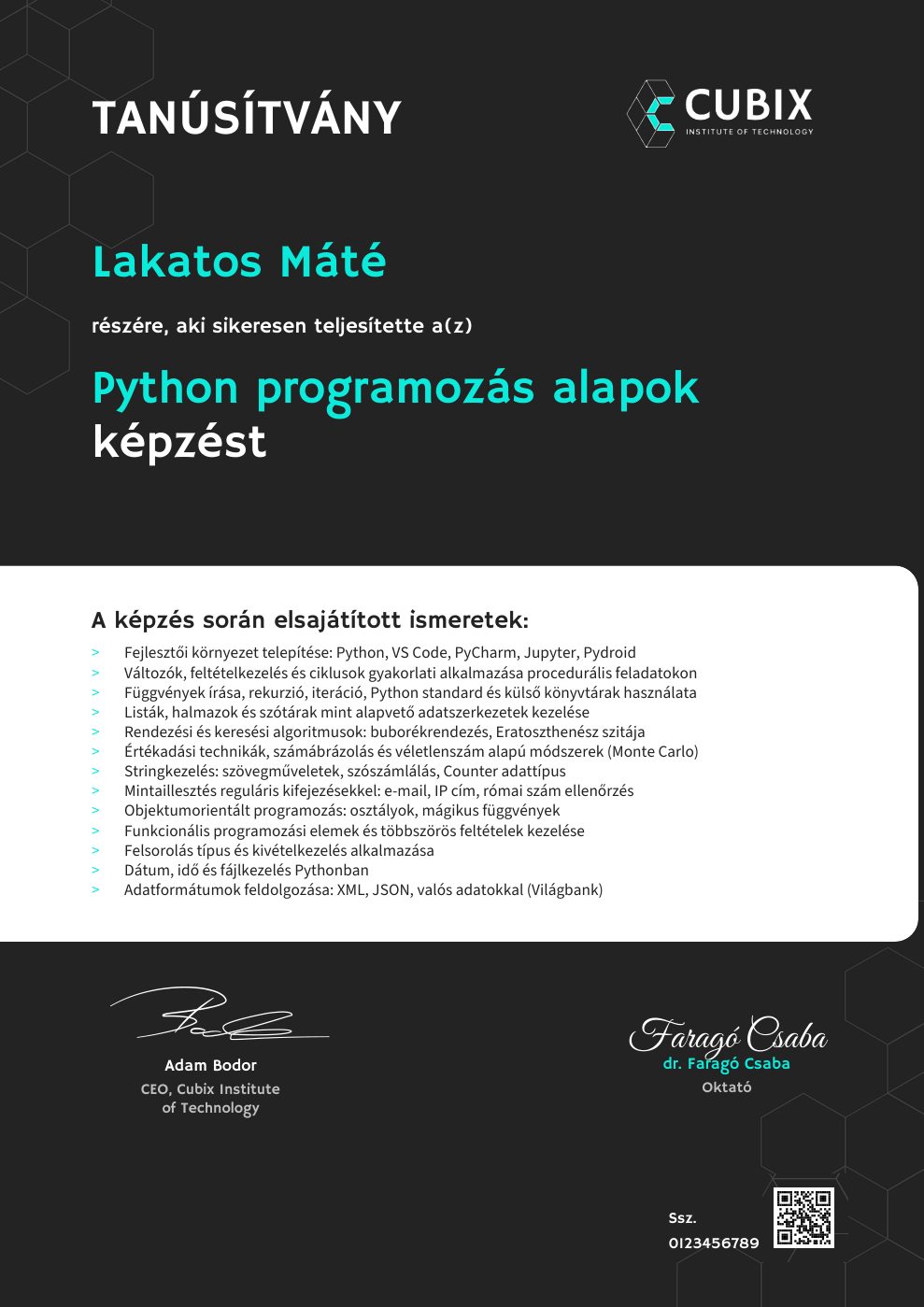 Tanúsítvány minta – Python programozás alapok