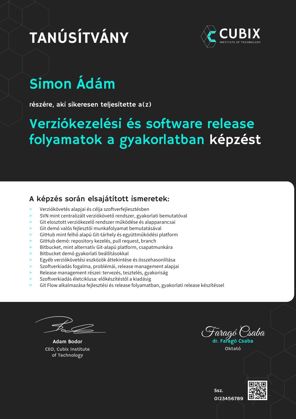 Tanúsítvány minta – Verziókezelési és software release folyamatok a gyakorlatban