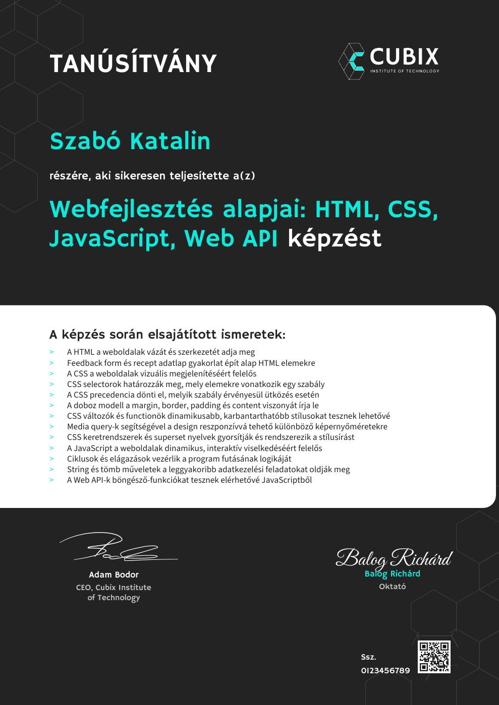 Tanúsítvány minta – Webfejlesztés alapjai: HTML, CSS, JavaScript, Web API