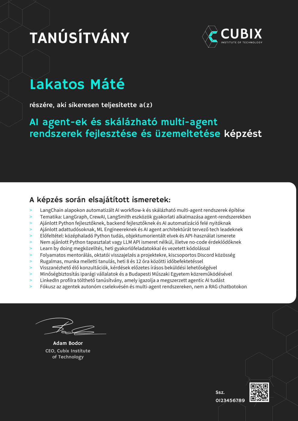 Tanúsítvány minta – AI agent-ek és skálázható multi-agent rendszerek fejlesztése és üzemeltetése