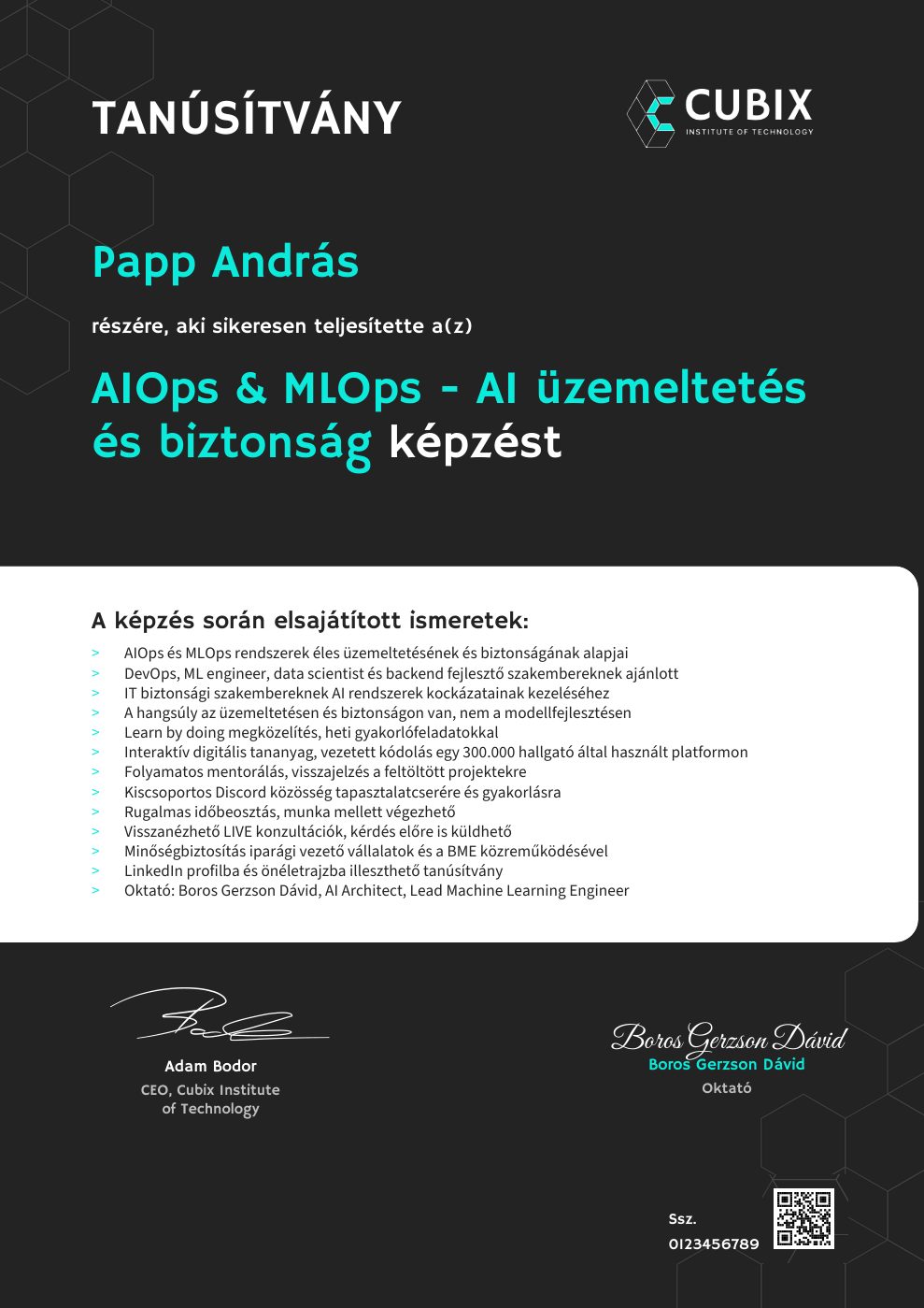 Tanúsítvány minta – AIOps & MLOps - AI üzemeltetés és biztonság