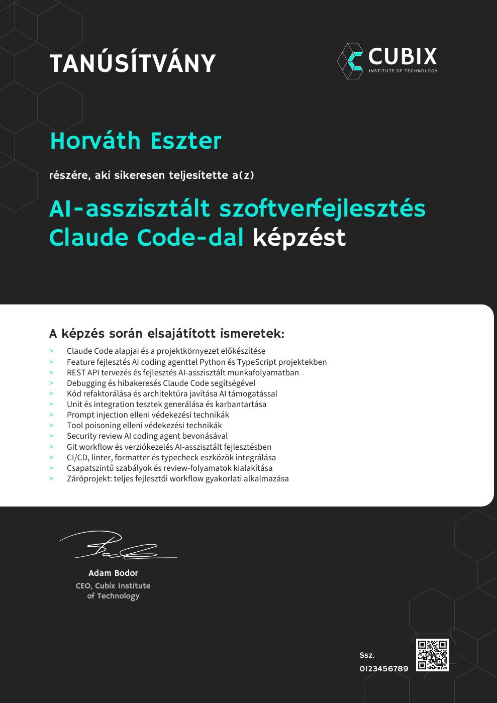 Tanúsítvány minta – AI-asszisztált szoftverfejlesztés Claude Code-dal