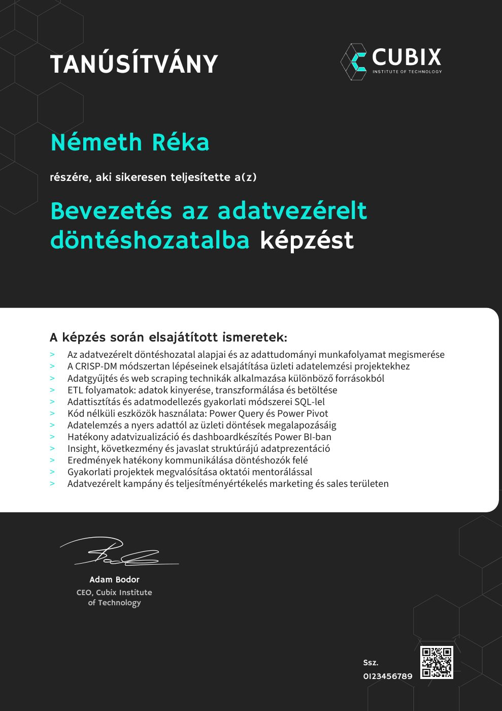 Tanúsítvány minta – Bevezetés az adatvezérelt döntéshozatalba