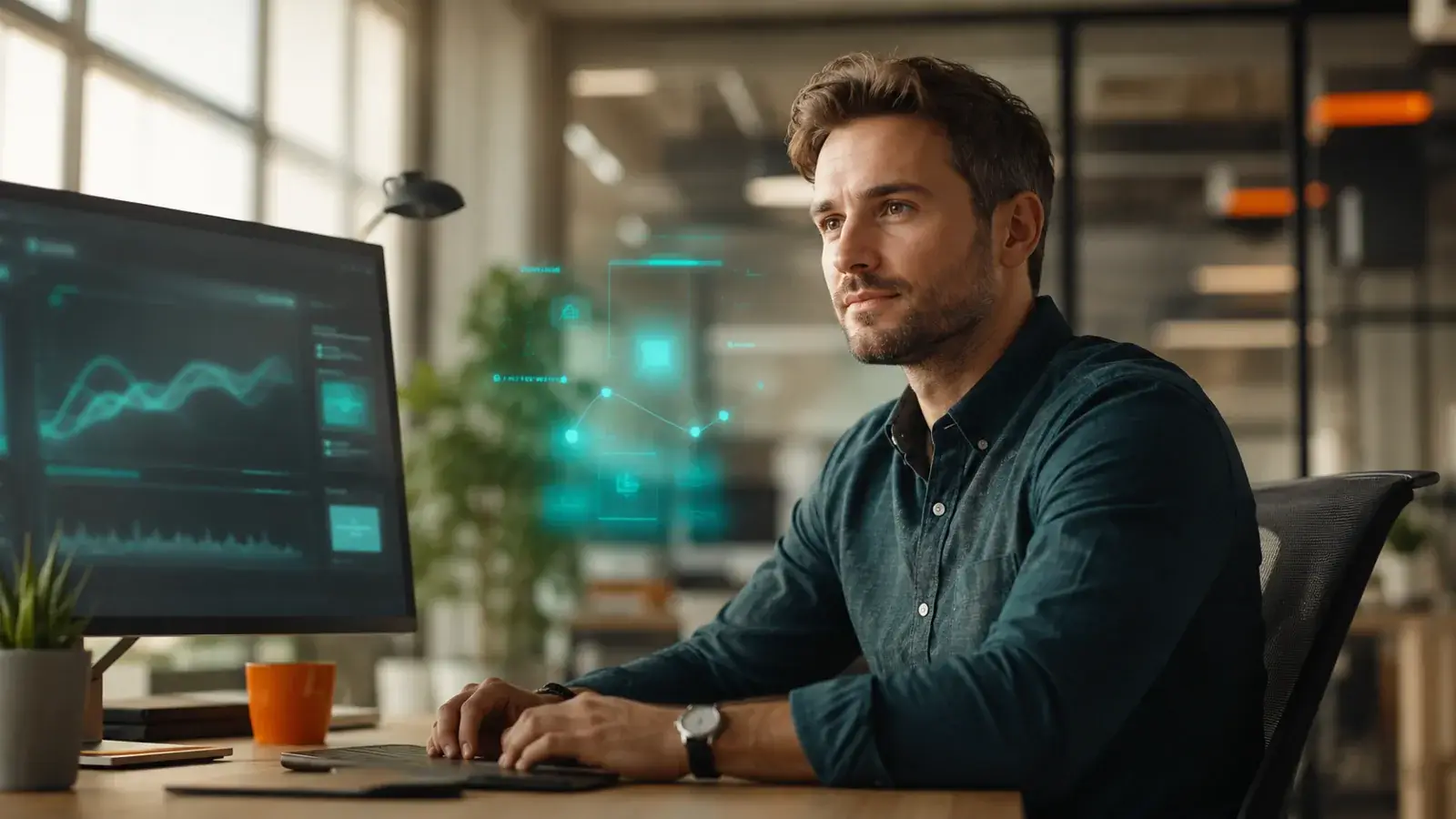 Adatelemző dashboardot értelmez egy modern irodában, mellette diszkrét AI-vizualizáció, a szakma nem eltűnik, hanem átalakul