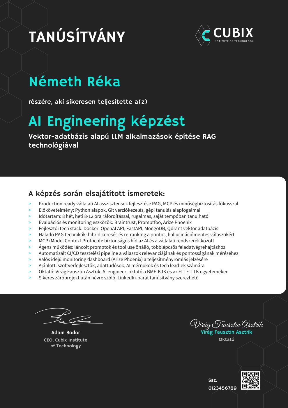 Tanúsítvány minta – AI Engineering képzés