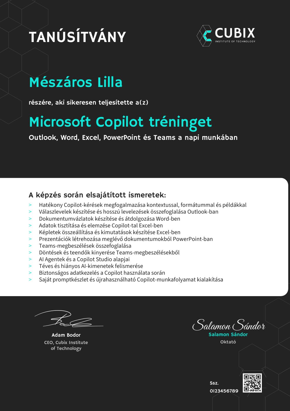 Tanúsítvány minta – Microsoft Copilot tréning
