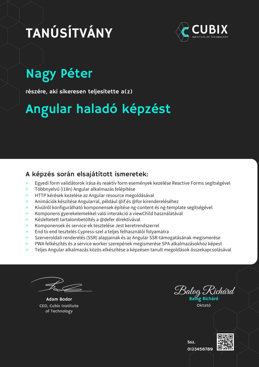 Tanúsítvány minta – Angular haladó képzés