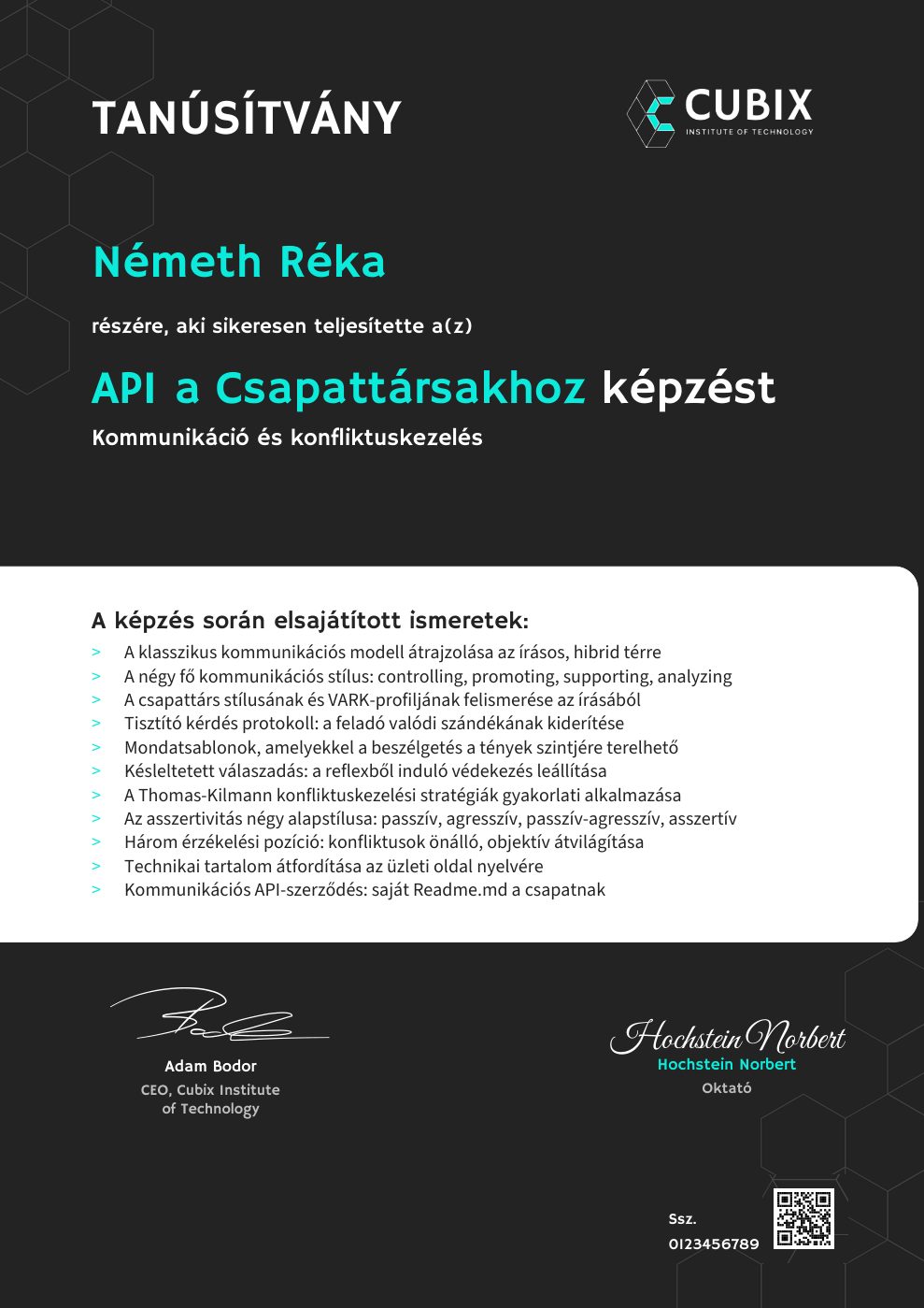 Tanúsítvány minta: API a Csapattársakhoz