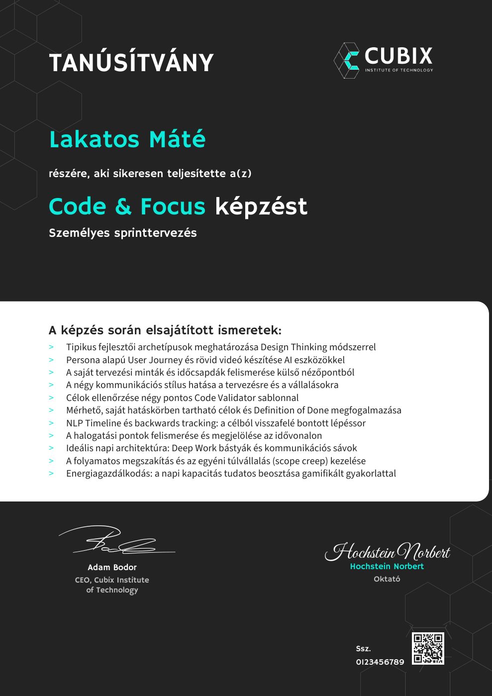 Tanúsítvány minta: Code & Focus