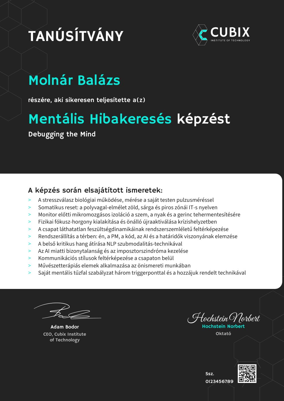 Tanúsítvány minta: Mentális Hibakeresés