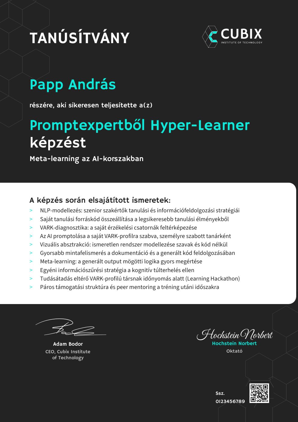 Tanúsítvány minta: Promptexpertből Hyper-Learner