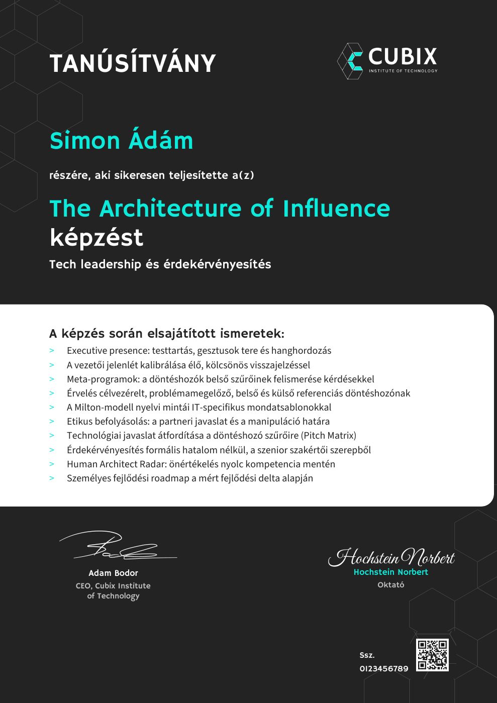 Tanúsítvány minta: The Architecture of Influence