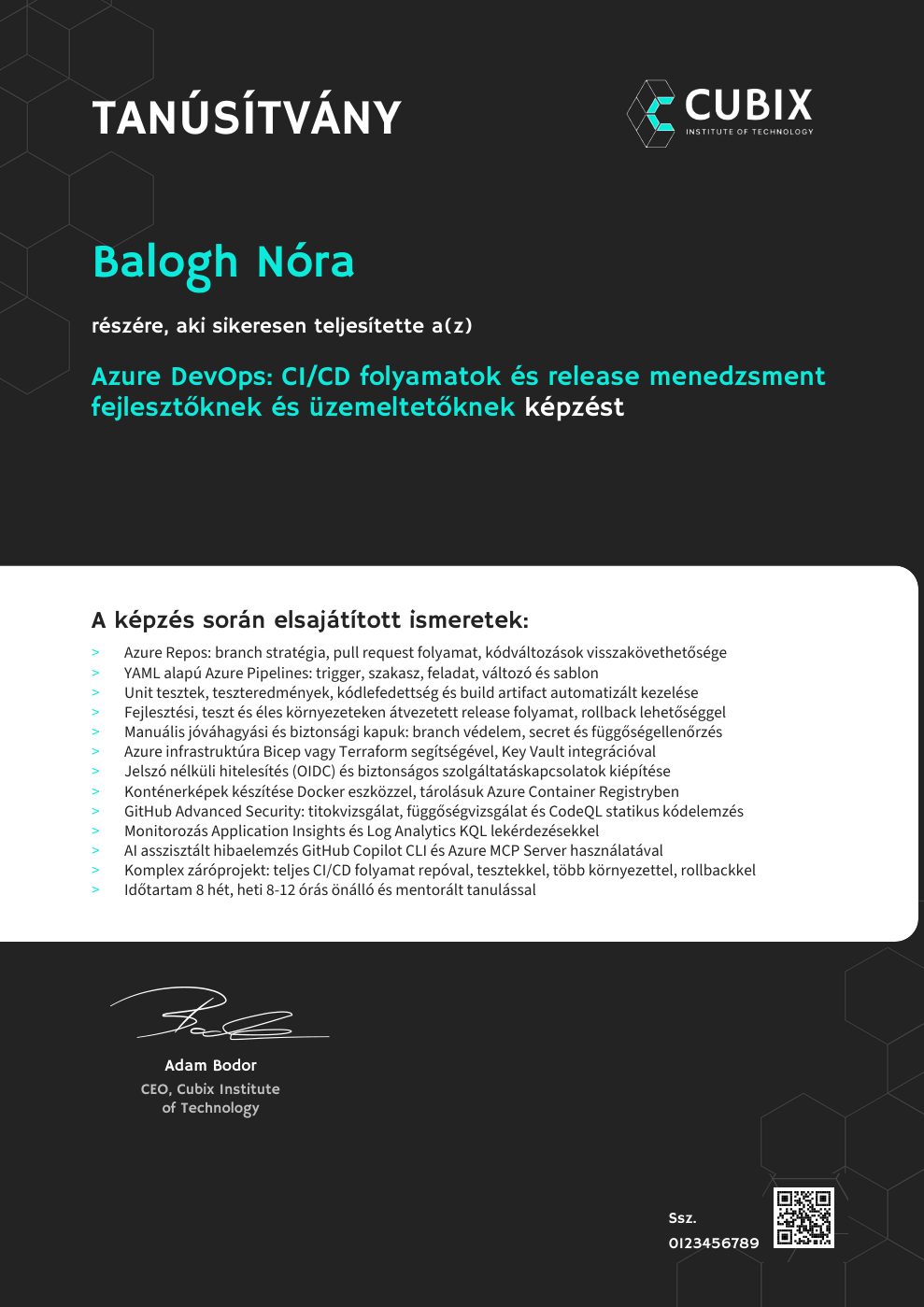 Tanúsítvány minta – Azure DevOps: CI/CD folyamatok és release menedzsment fejlesztőknek és üzemeltetőknek