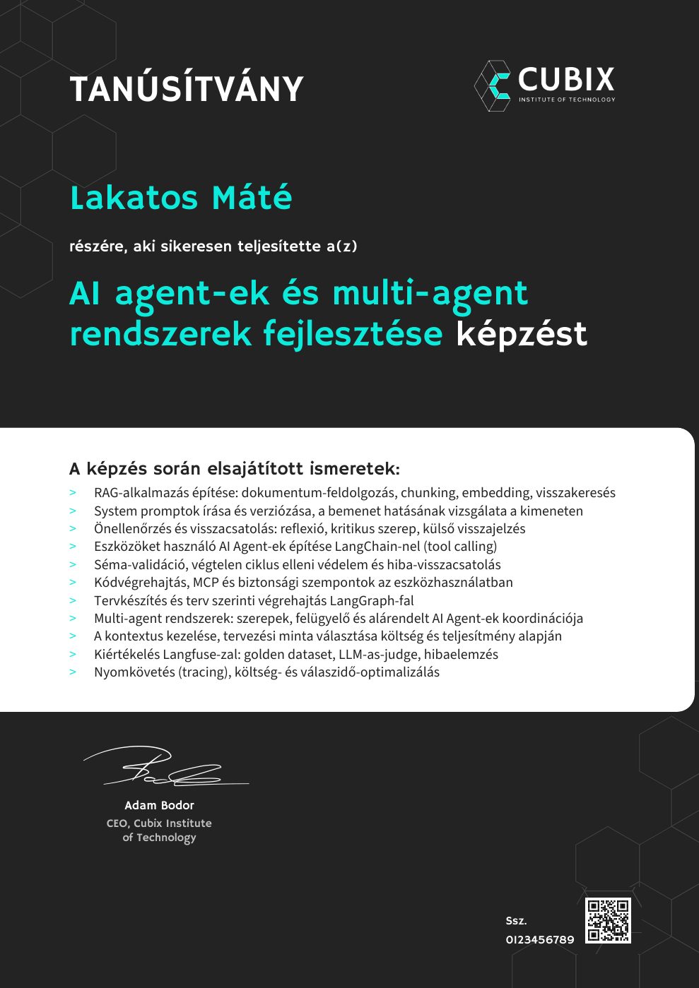 Tanúsítvány minta – AI agent-ek és multi-agent rendszerek fejlesztése