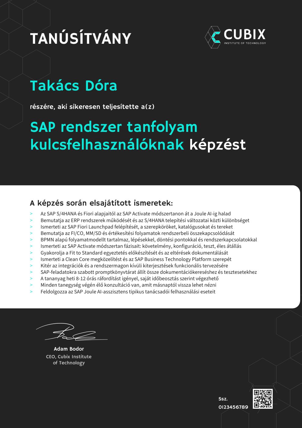 Tanúsítvány minta – SAP rendszer tanfolyam kulcsfelhasználóknak
