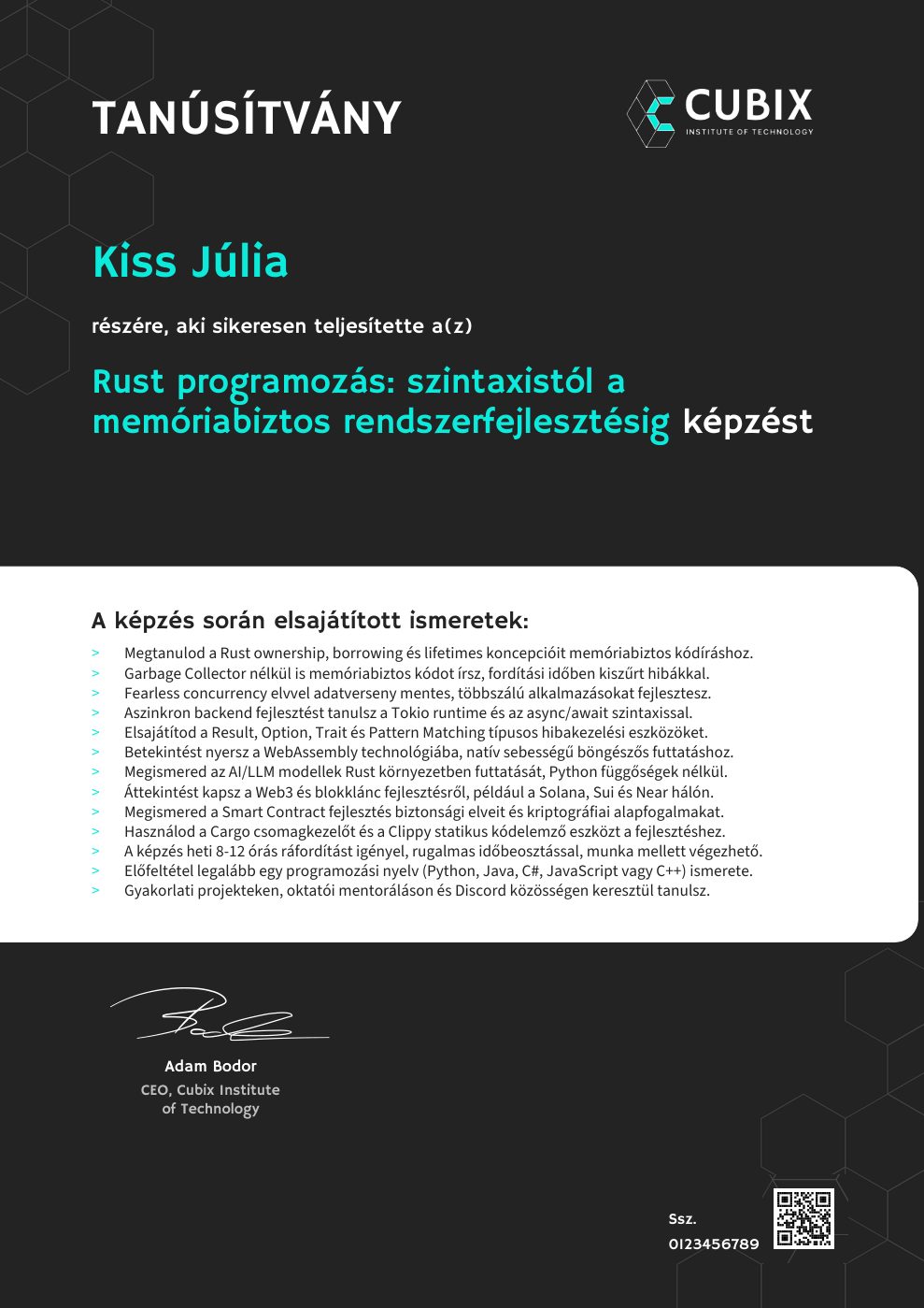 Tanúsítvány minta – Rust programozás: szintaxistól a memóriabiztos rendszerfejlesztésig