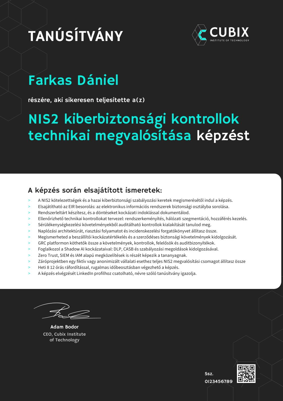 Tanúsítvány minta – NIS2 kiberbiztonsági kontrollok technikai megvalósítása