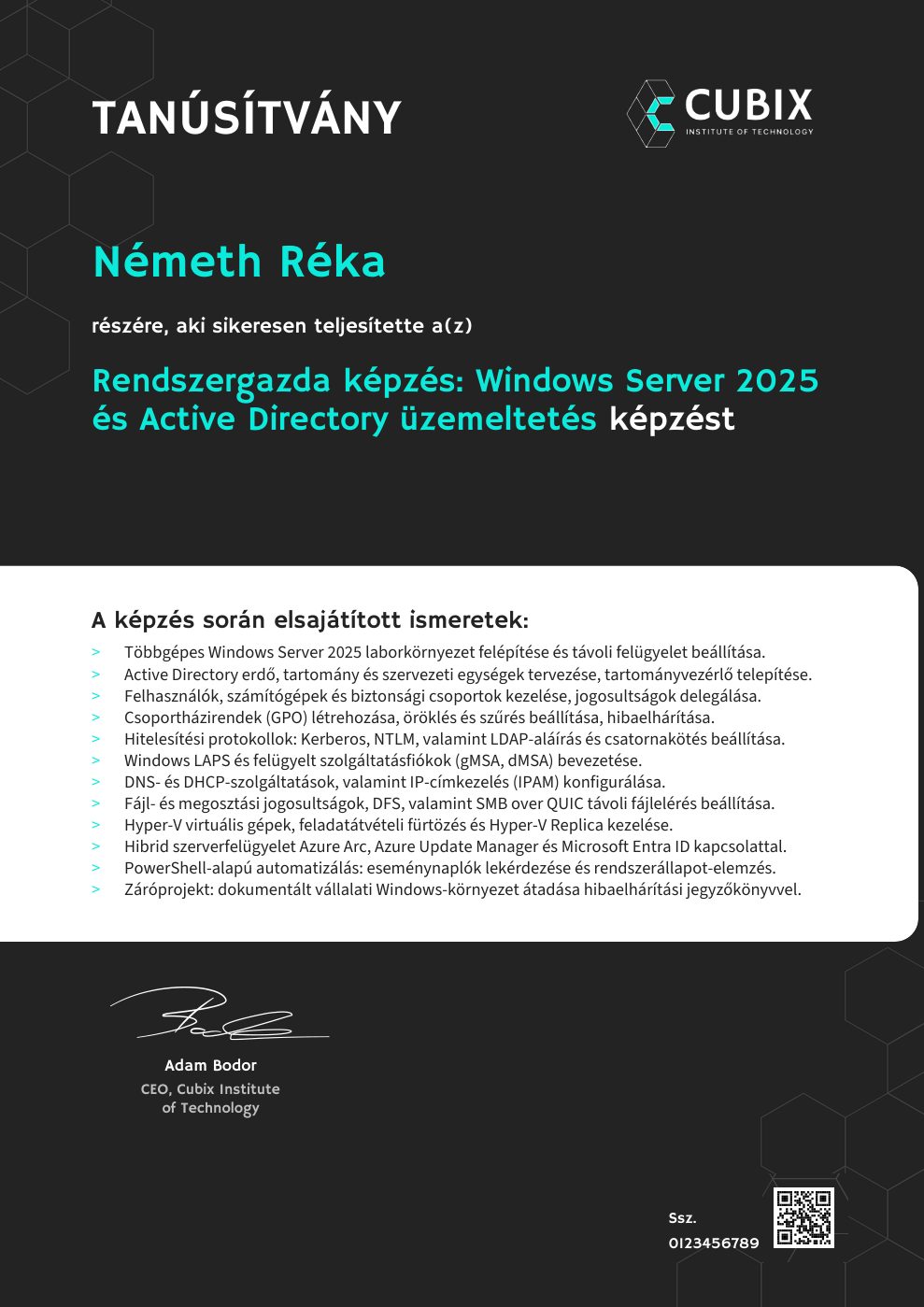 Tanúsítvány minta – Rendszergazda képzés: Windows Server 2025 és Active Directory üzemeltetés