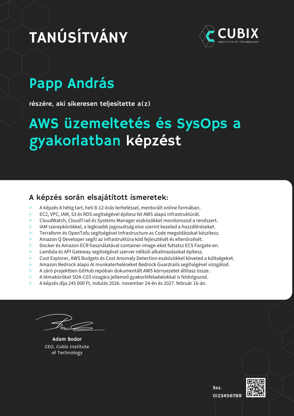 Tanúsítvány minta – AWS üzemeltetés és SysOps a gyakorlatban