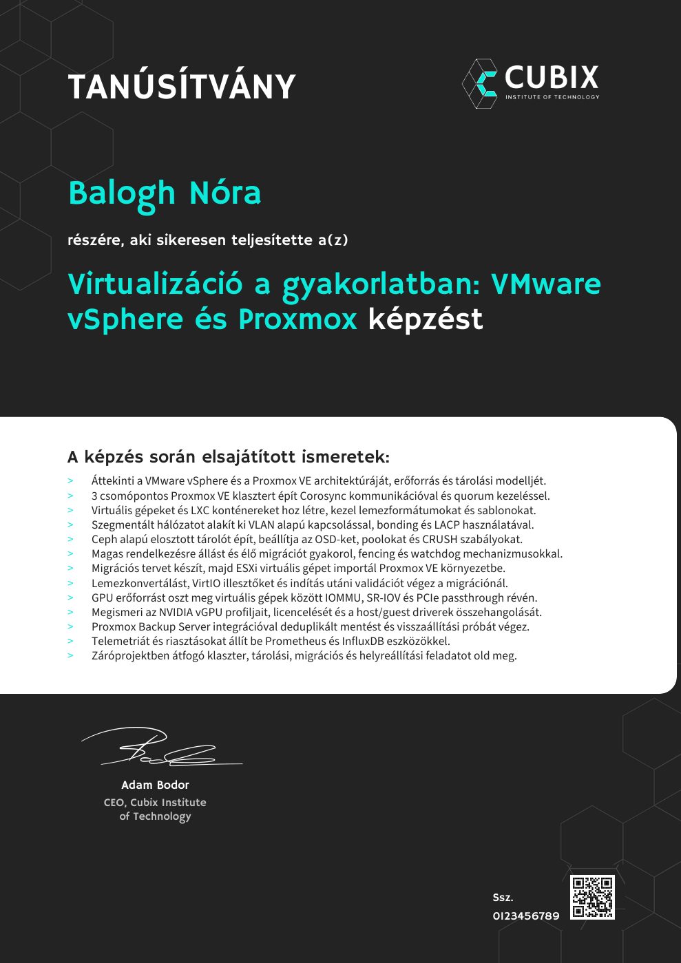 Tanúsítvány minta – Virtualizáció a gyakorlatban: VMware vSphere és Proxmox