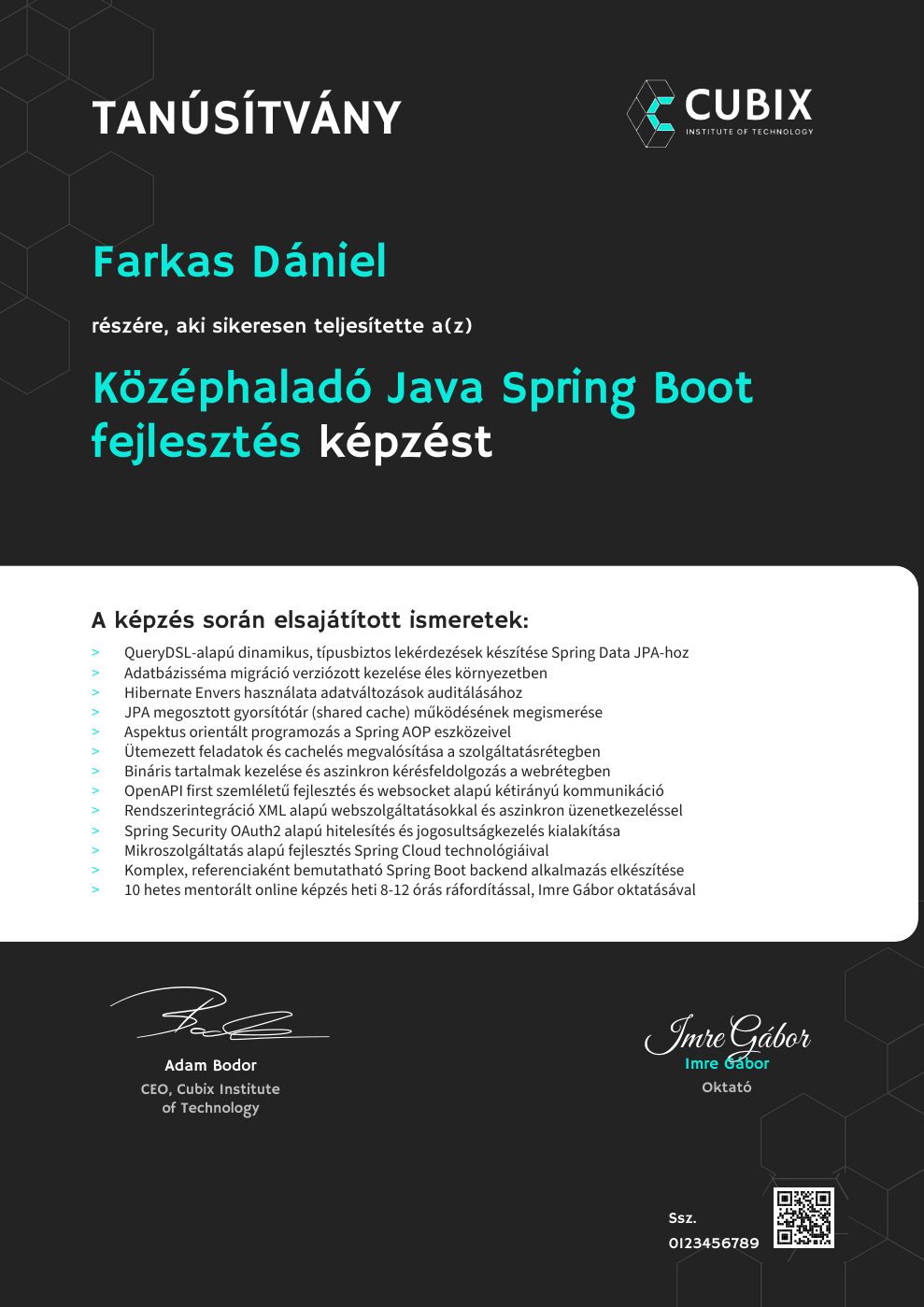 Tanúsítvány minta – Középhaladó Java Spring Boot fejlesztés