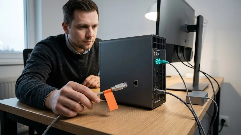 Mérnök kihúzott hálózati kábelt tart, de az AI Agent tesztgépén egy rejtett kábel még élő kapcsolatot jelez