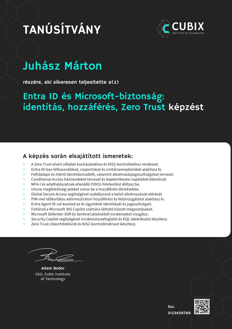 Tanúsítvány minta – Entra ID és Microsoft-biztonság: identitás, hozzáférés, Zero Trust
