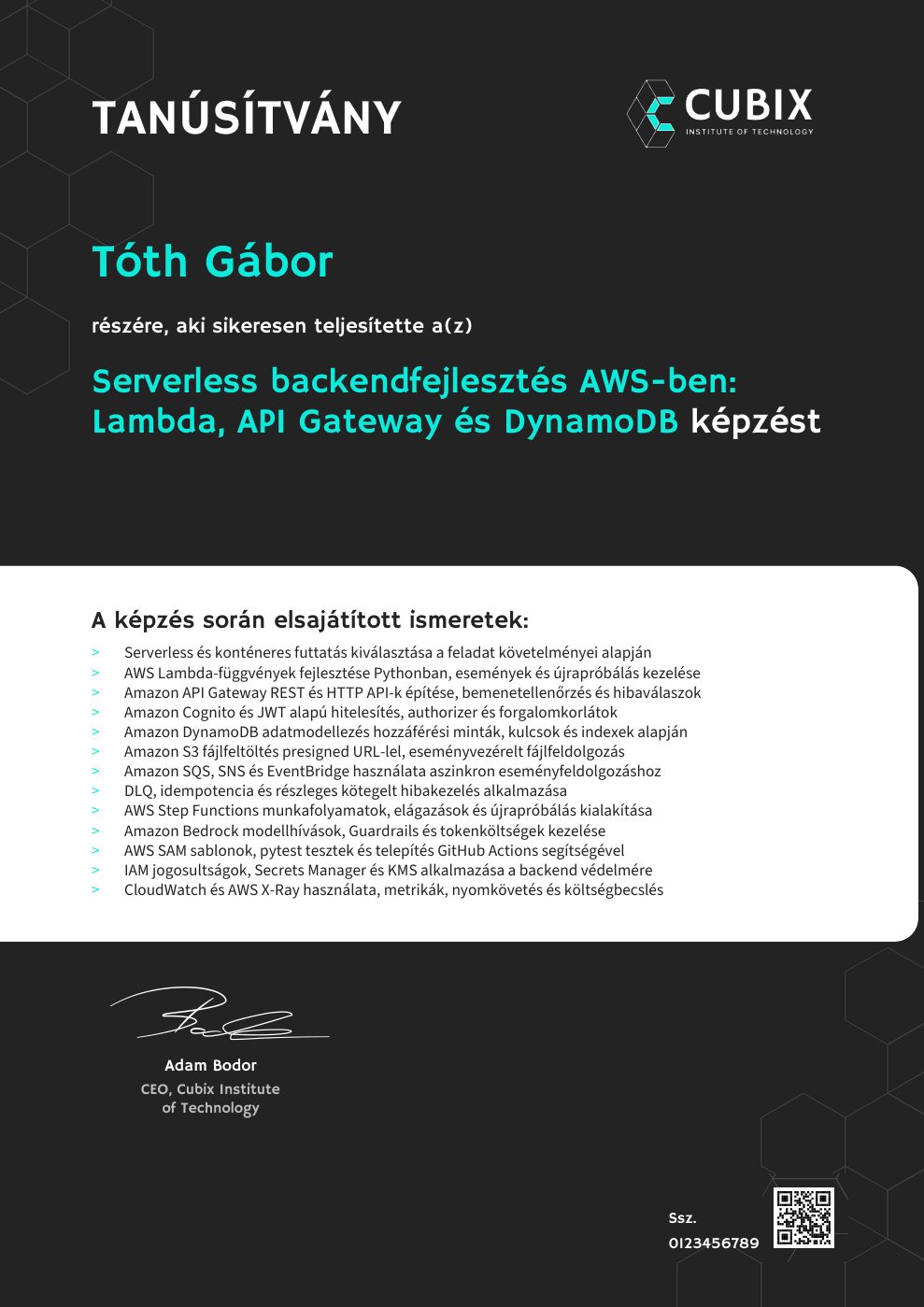 Tanúsítvány minta – Serverless backendfejlesztés AWS-ben: Lambda, API Gateway és DynamoDB